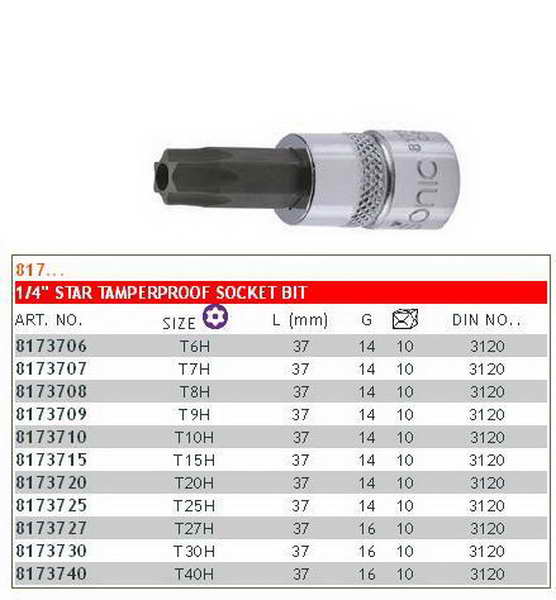 SONIC Tubulară 1/4` TORX Tamper T25H Lungime 37 mm Cheie Scurtă 6.3 mm Echipament Service