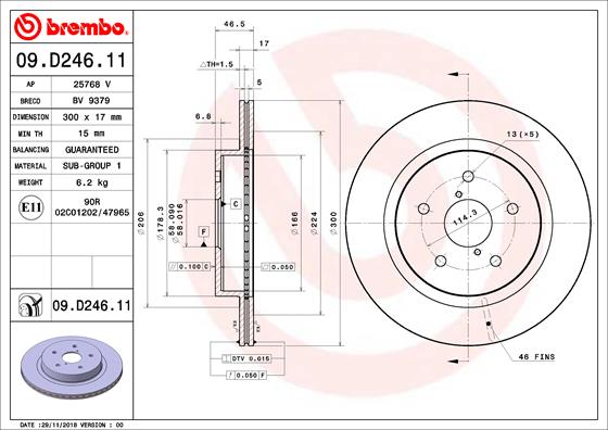 Disc Frana Spate Dreapta/Stanga BREMBO SUBARU LEGACY VI LEVORG OUTBACK 1.6-3.6 10.14 Diametru 300mm 5 Gauri Ventilat