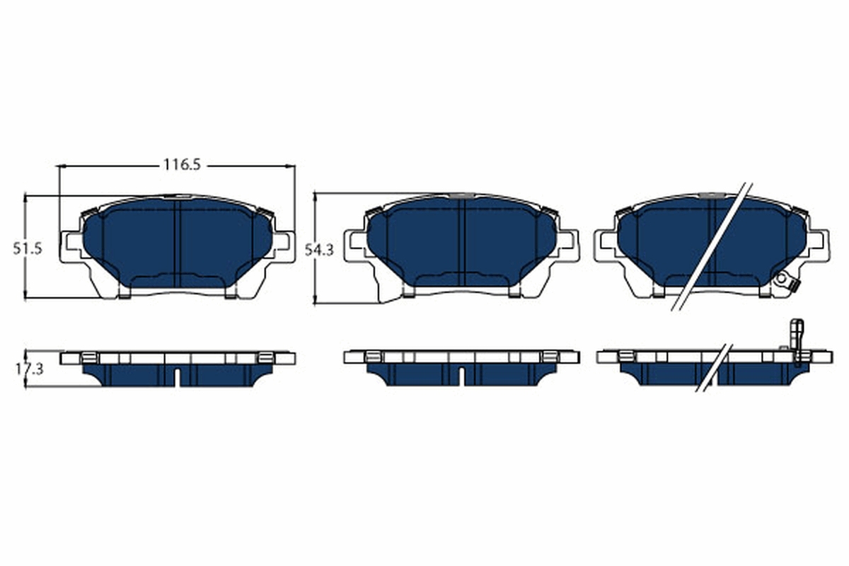 Set plăcuțe frână disc TRW TOYOTA COROLLA PRIUS 1.3/1.5H 05.00-12.09 față 54.3mm 116.5mm 17.3mm senzor uzură Da