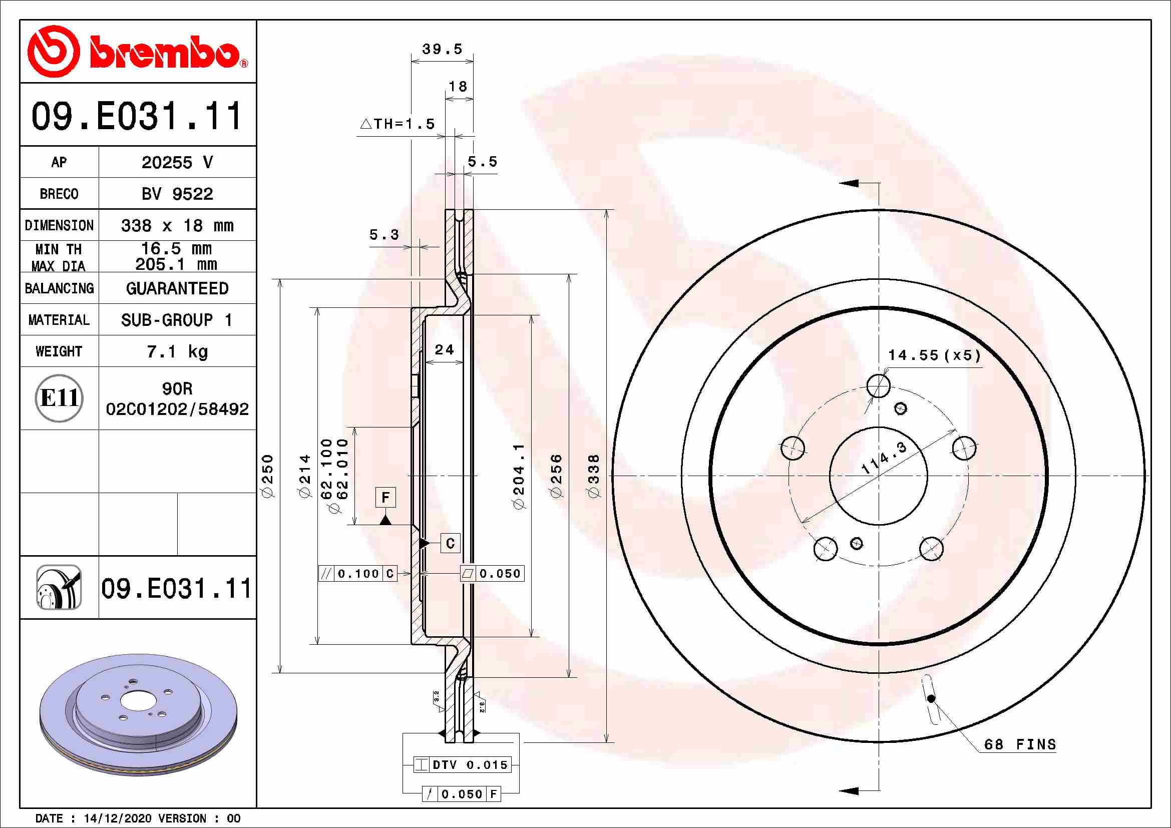 Disc frana BREMBO Spate Dreapta/Stanga LEXUS RX 2.0/3.5H 10.15- Diametru 338mm Grosime 18mm 5 Gauri Ventilat Intern