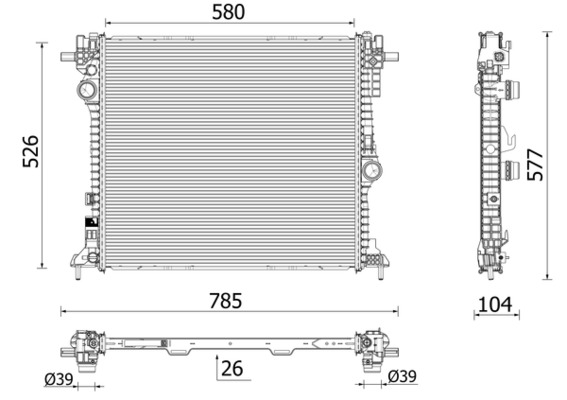 Radiator motor MAHLE aluminiu ALFA ROMEO GIULIA STELVIO 2.0/2.9 Inaltime 526mm Latime 580mm Grosime 26mm Diametru admisie 39mm