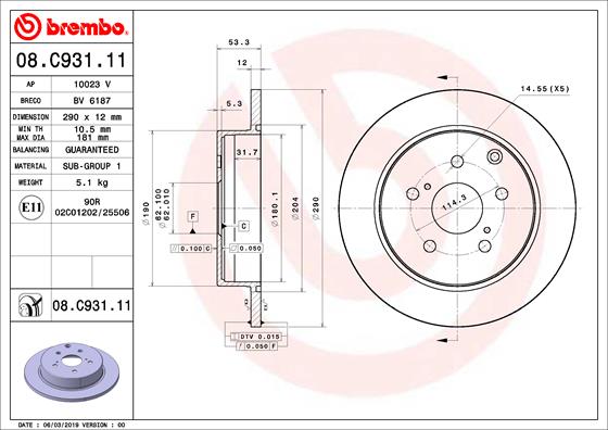 Disc frana BREMBO Spate Dreapta/Stanga Toyota Mirai Prius Plus 1.8H/Electric 290mm 5 Gauri 62mm Centrare 12mm Grosime