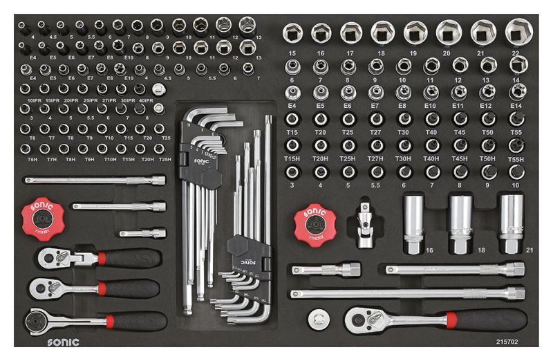 Unelte inserturi carucioare SONIC 1/4 3/8 set instrumente 157 piese dimensiune cartus 570x370 mm spuma SFS