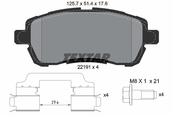 Set placute frana fata disc TEXTAR Ford KA+ III 1.2/1.5D 06.16- inaltime 51.5mm latime 125.6mm grosime 17.6mm