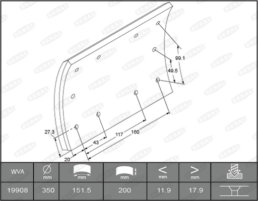 Set garnituri de frictiune frana tambur BERAL Ferodou sabot frana 350x200 Latime 200mm Grosime 18.1mm/18.7mm