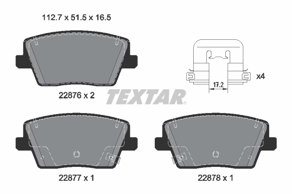 Set placute frana spate Textar Hyundai I30 2.0 07.17- 51.5mm inaltime 112.7mm latime 16.5mm grosime