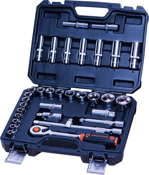 Set scule PROFITOOL 33 piese Priza 6PT Dimensiune tubulara 1/2 inch Echipament service Chei combinate