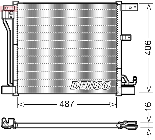 Condensator climatizare DENSO Nissan Juke 1.6 06.10- Înălțime 406 mm Lățime 487 mm Grosime 16 mm fără uscător R 134a