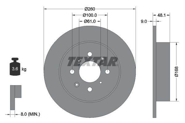 Disc Frana TEXTAR Spate Dreapta/Stanga Honda Civic VI/VII 260mm x 48.1mm x 9mm 4 Gauri 100mm 04.98-12.05