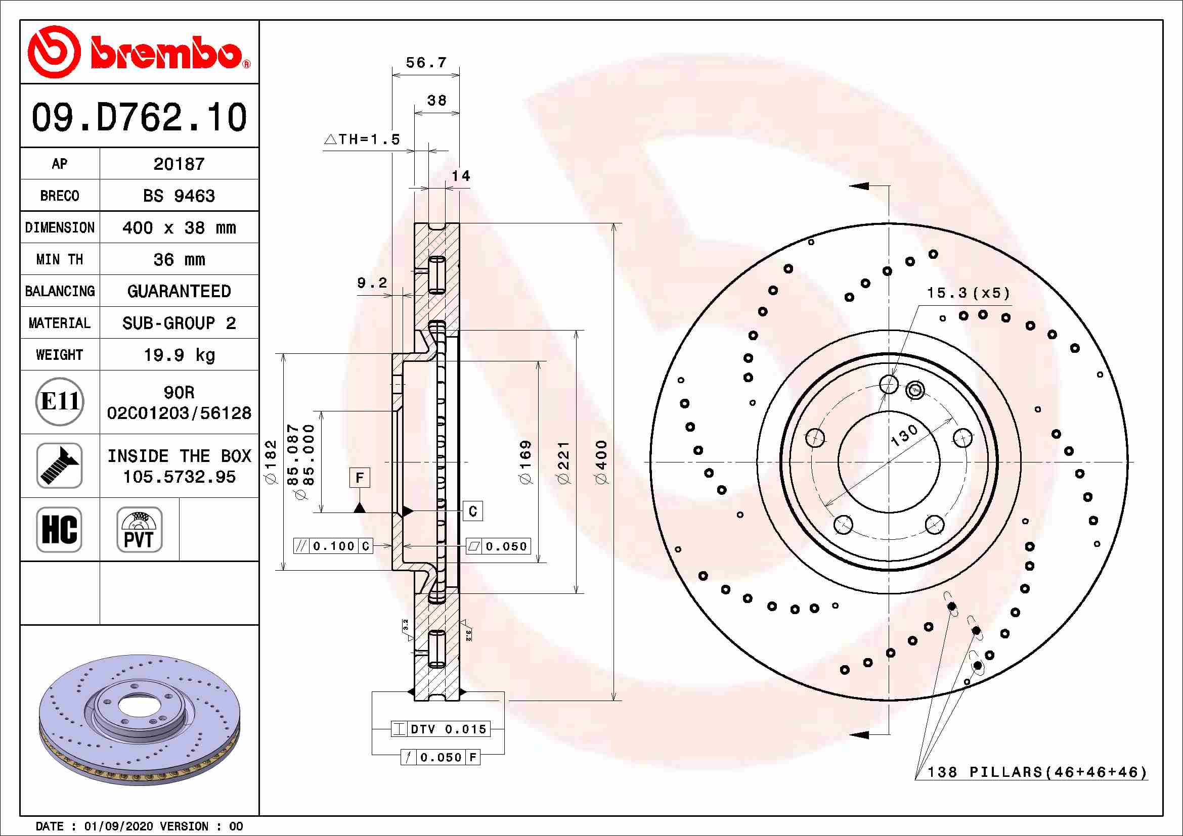 Disc Frana BREMBO Diametru 400mm Grosime 38mm Inaltime 56.7mm 5 Gauri Ventilat Intern Fata Dreapta/Stanga Cu Suruburi