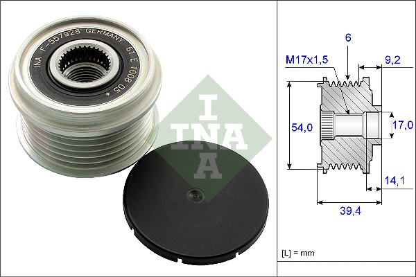 Sistem roată liberă generator INA Rulita alternator Alfa Romeo Citroen Fiat Ø17mm Ø54mm L39.4mm 6 striații