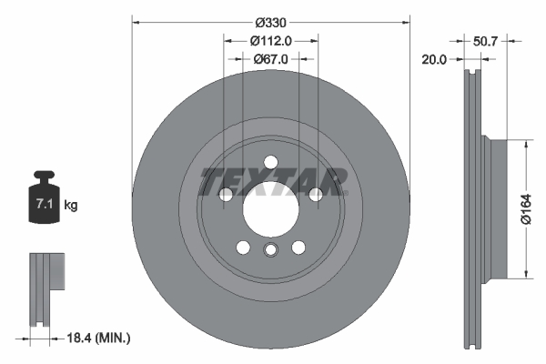 Disc frana TEXTAR Spate Dreapta/Stanga ventilat interior BMW MINI Diametru 330mm Inaltime 50.7mm Grosime 20mm 5 gauri