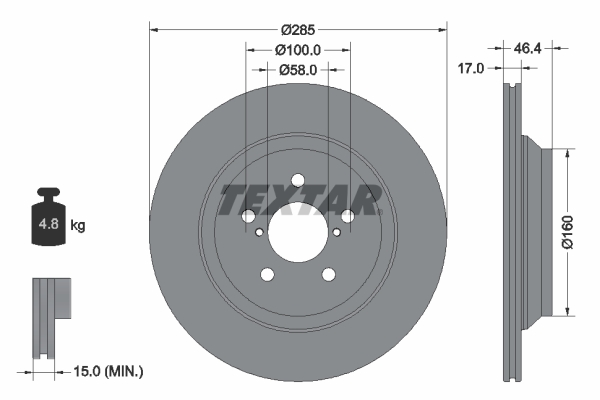 Disc frana TEXTAR Spate Dreapta/Stanga Subaru Impreza XV 1.6/2.0/2.0H 285mm 5 Gauri Ventilat Intern 17mm 10.16-