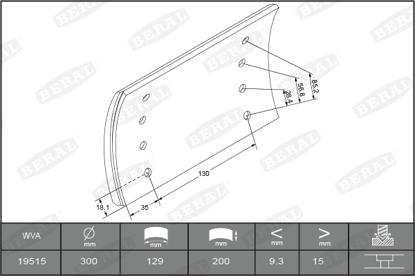 Set garnituri frictiune frana tambur BERAL 300x200 1-supradimensionat SAF Latime 200mm Grosime 16mm 16.8mm 64 nituri