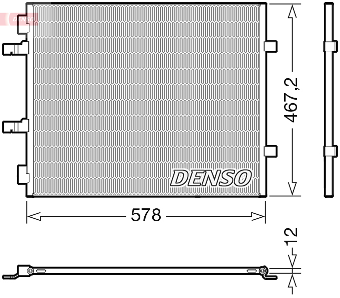 Condensator climatizare DENSO OPEL VIVARO A RENAULT TRAFIC II 2.0D 08.06- Înălțime 467.2mm Lățime 578.0mm Grosime 12.0mm