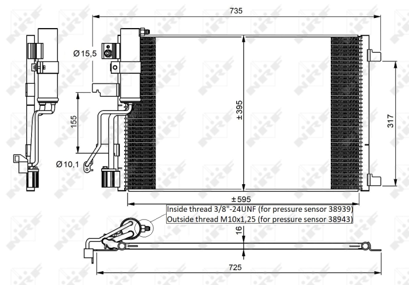 Condensator climatizare NRF aluminiu pentru NISSAN QASHQAI I 2.0D 02.07-04.14 cu uscator inaltime 395mm latime 595mm grosime 16mm