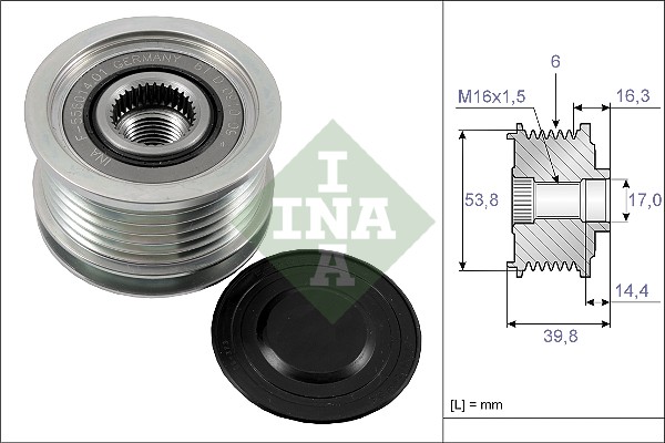 Rulita Alternator INA Citroen C-Crosser Ford Ecosport Mitsubishi Outlander Peugeot 4007 17mm Int 53.8mm Ext 39.8mm Lat 6 Striatii