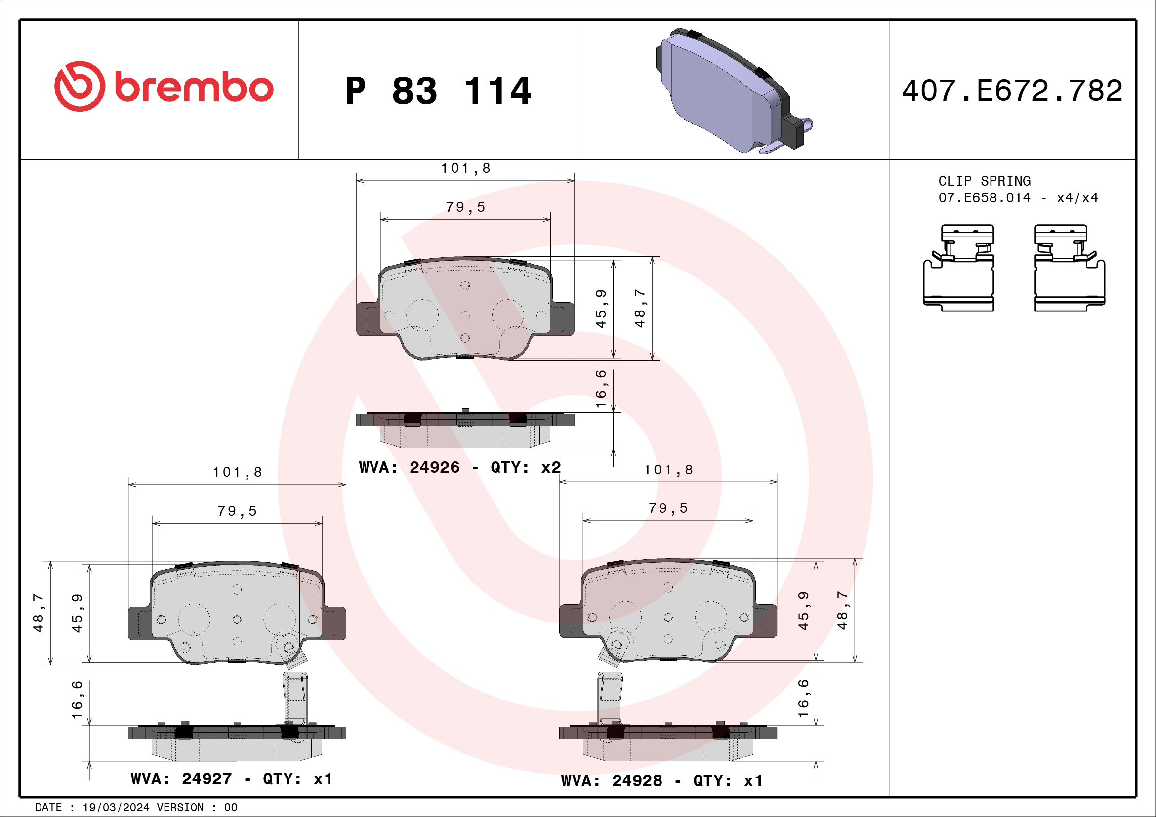 Set placute frana disc BREMBO Toyota Verso 1.6-2.2D 04.09-08.18 spate inaltime 49mm latime 102mm grosime 17mm senzori uzura Bosch