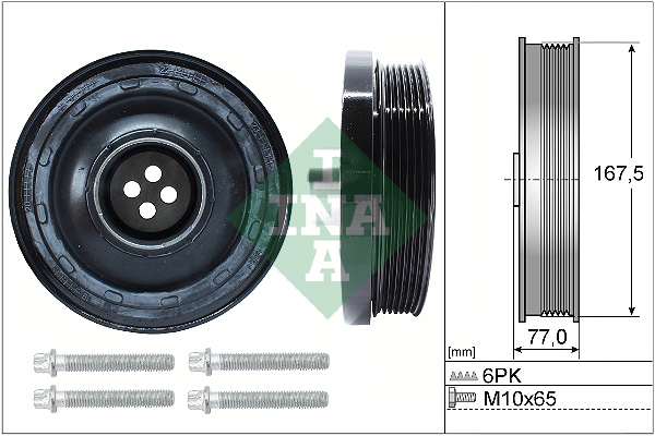 Fulie curea arbore cotit INA BMW 1 F20 3 E90 E91 E92 E93 F30 F80 F31 5 F10 F11 X3 F25 X6 E71 E72 2.0D 3.0D 167.5mm 77.0mm 6 striatii