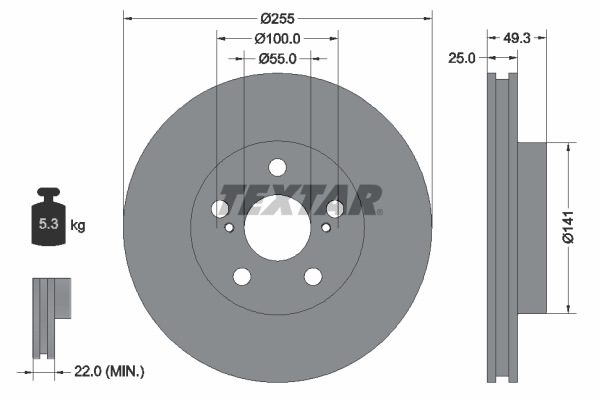 Disc frana Fata Dreapta/Stanga TEXTAR ventilat intern 255mm Lexus CT Toyota Prius 1.8H 06.08- 5 gauri 55mm centrare