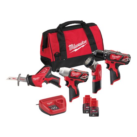 Set scula electrica MILWAUKEE 4 piese, 7 piese, pe baterii, ferastrau, bormasina, surubelnita impact, lampa atelier, 2 baterii, incarcator 230V