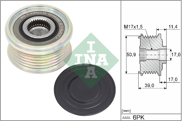 Sistem roata libera generator INA Mazda CX-3 CX-5 MX-5 IV RF TARGA 2.0/2.5 05.17- diametru interior 40mm exterior 55mm latime 55mm striatii 6 nervuri 6 distanta 11.44mm