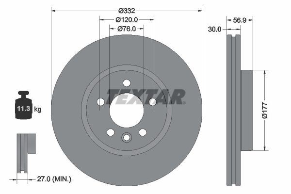 Disc Frana Fata Dreapta/Stanga TEXTAR VW AMAROK 2.0D/3.0D 09.11-05.22 Diametru 332mm Grosime 30mm Ventilat Intern