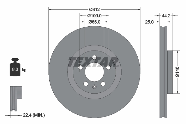 Disc frana TEXTAR Fata Dreapta/Stanga AUDI A1 CITY CARVER 1.0/1.5/2.0 Diametru exterior 312mm Grosime 25mm Ventilat intern