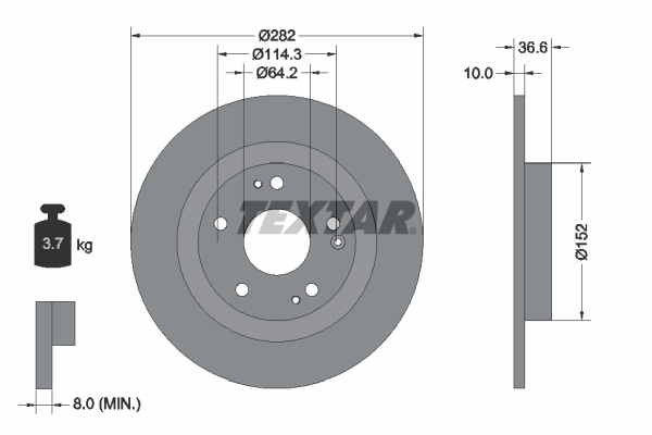 Disc frana Spate Dreapta/Stanga TEXTAR HONDA CIVIC X 1.0/1.5/1.6D 08.16- Diametru exterior 282mm Inaltime 36.6mm 5 gauri 10mm grosime