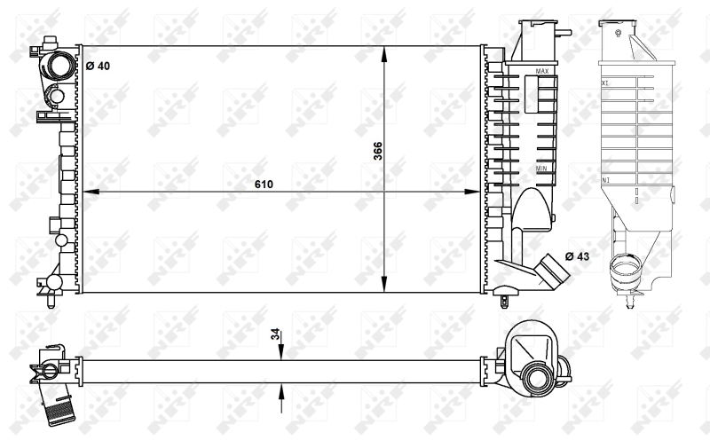 Radiator motor aluminiu 378mm Înălțime 610mm Lățime 34mm Grosime Citroen ZX Peugeot 306 2.0 NRF