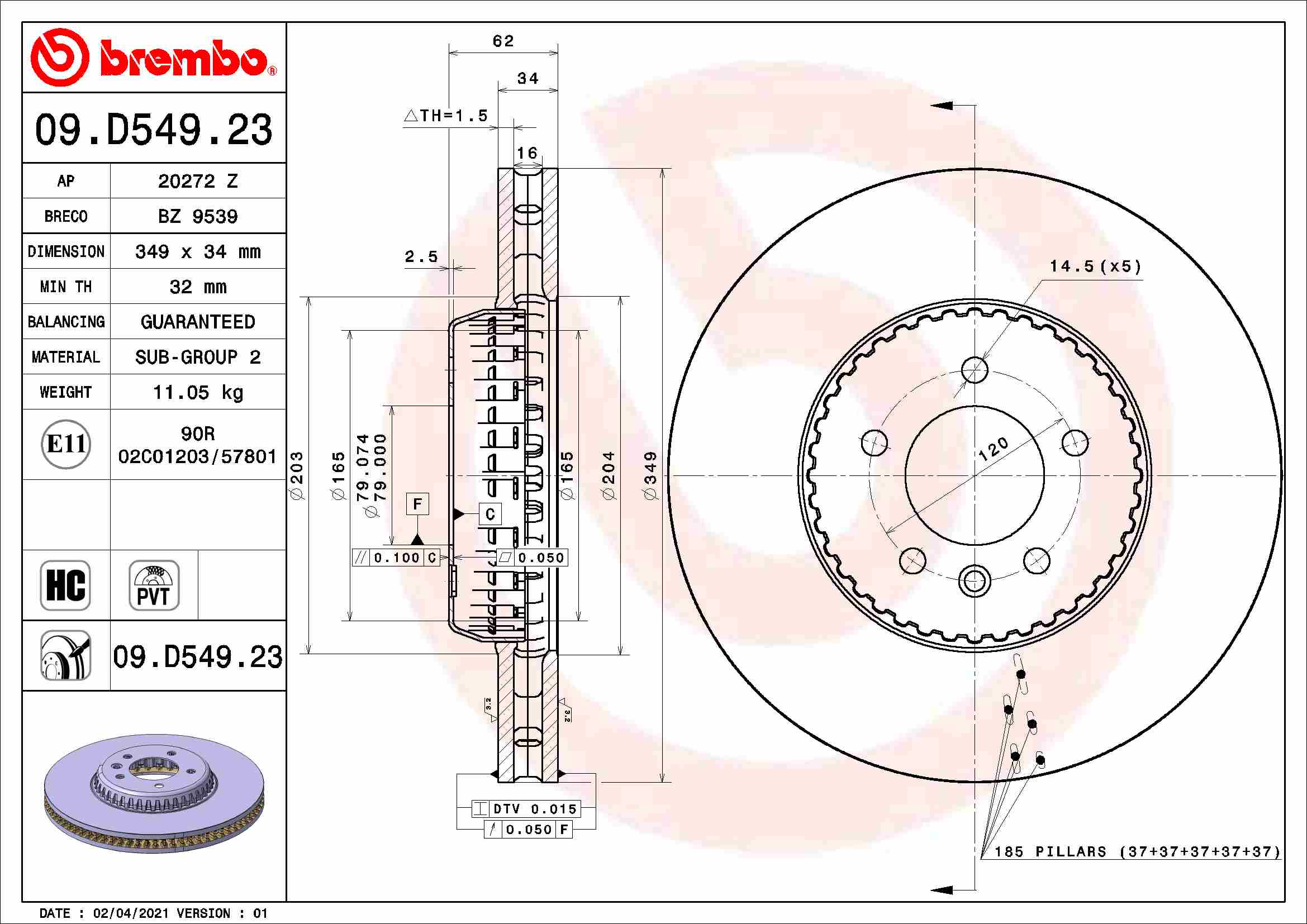 Disc Frana Fata Dreapta/Stanga BREMBO LAND ROVER DEFENDER 2.0-3.0H 09.19- Diametru Exterior 349mm Grosime 34mm Ventilat Intern