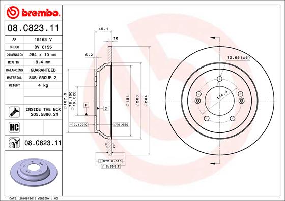 Disc Frana Spate Dreapta/Stanga BREMBO KIA CARENS IV 1.6/1.7D/2.0 284mm 5 Gauri 10mm Grosime 03.13-