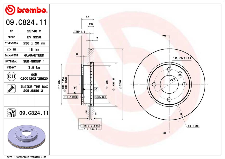 Disc Frana BREMBO Fata Dreapta/Stanga OPEL KARL 1.0 01.15-03.19 Diametru 236mm Grosime 20mm 4 Gauri Ventilat Intern