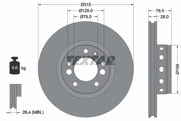 Disc frana TEXTAR Fata Dreapta/Stanga BMW 5 E34 3.6/3.8 88-95 Diametru exterior 315mm Grosime 28mm 5 gauri Ventilat exterior