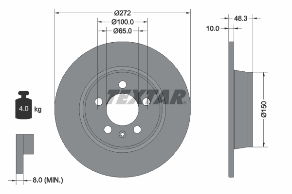 Disc frana TEXTAR Spate Dreapta/Stanga Audi A1 1.0-1.8 11.14-10.18 Diametru 272mm Inaltime 48.3mm Grosime 10mm 5 gauri