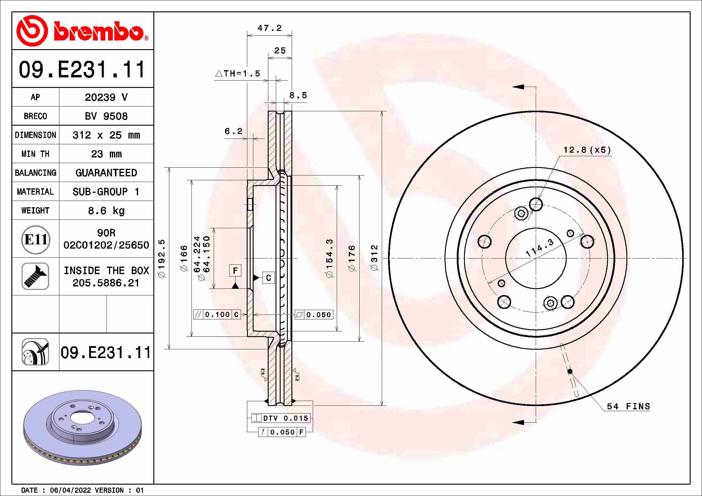 Disc frana BREMBO HONDA Diametru exterior 312.0 mm Inaltime 47.0 mm Grosime 25.0 mm 5 gauri Ventilat intern Fata Dreapta/Stanga