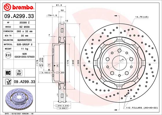 Disc frana ventilat intern BREMBO Fata Dreapta/Stanga 360mm x 32mm 5 gauri MASERATI GRAN TURISMO QUATTROPORTE V 4.7 06.08-