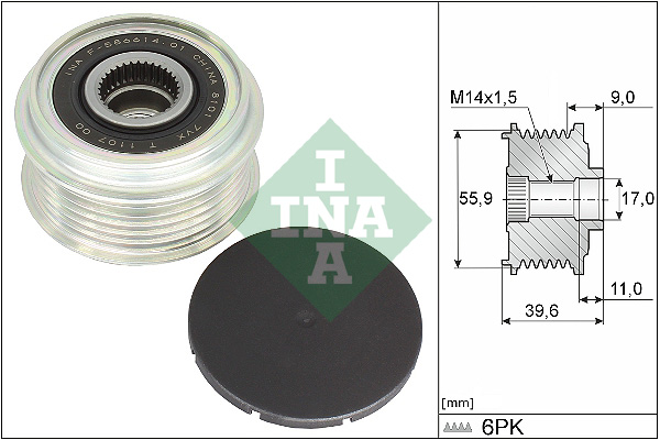 Sistem roata libera generator INA Rulita alternator AUDI Q7 VW TOUAREG 3.0D 01.10- 6 striatii 6 nervuri Distanta prima canelura 9.04mm