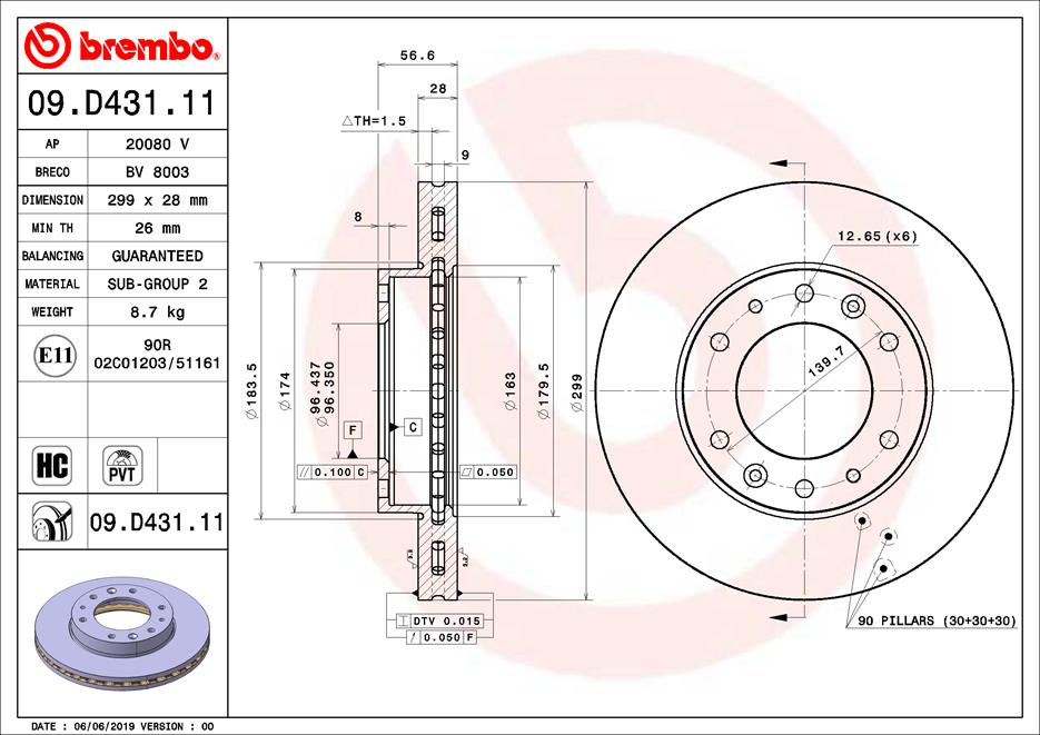 Disc Frana Fata Dreapta/Stanga BREMBO Ventilat Intern 299mm 6 Gauri Hyundai H350 2.5D 04.15-