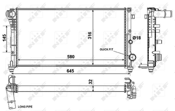 Radiator motor aluminiu NRF FIAT PANDA 1.3D Inaltime 316mm Latime 580mm Grosime 32mm Răcitor apă Sistem răcire