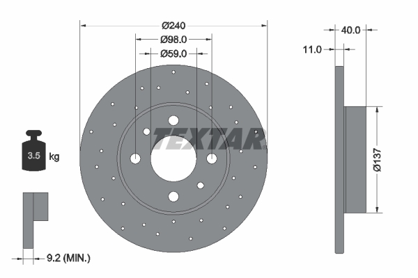 Disc frana spate TEXTAR ABARTH 500/595/695 1.4 08.08- Diametru exterior 240mm Inaltime 40mm Grosime 11mm 4 gauri