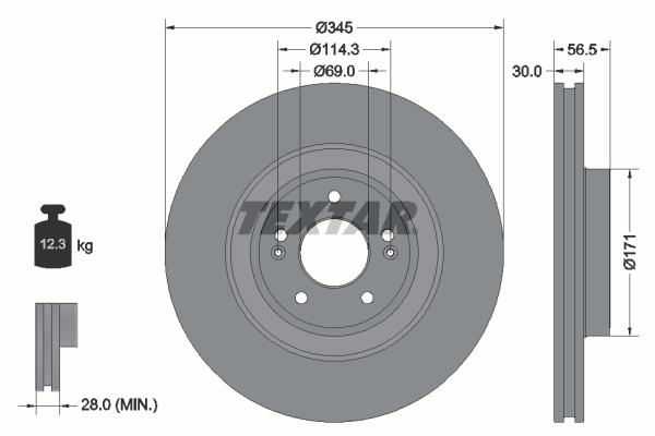 Disc frana TEXTAR Fata Dreapta/Stanga KIA STINGER 2.0 06.17- Diametru 345mm Grosime 30mm Ventilat Intern 5 Gauri