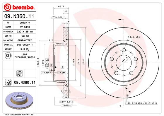 Disc frana Fata Dreapta/Stanga BREMBO TESLA MODEL 3 Electric Diametru 320mm Grosime 25mm 5 Gauri Ventilat Intern