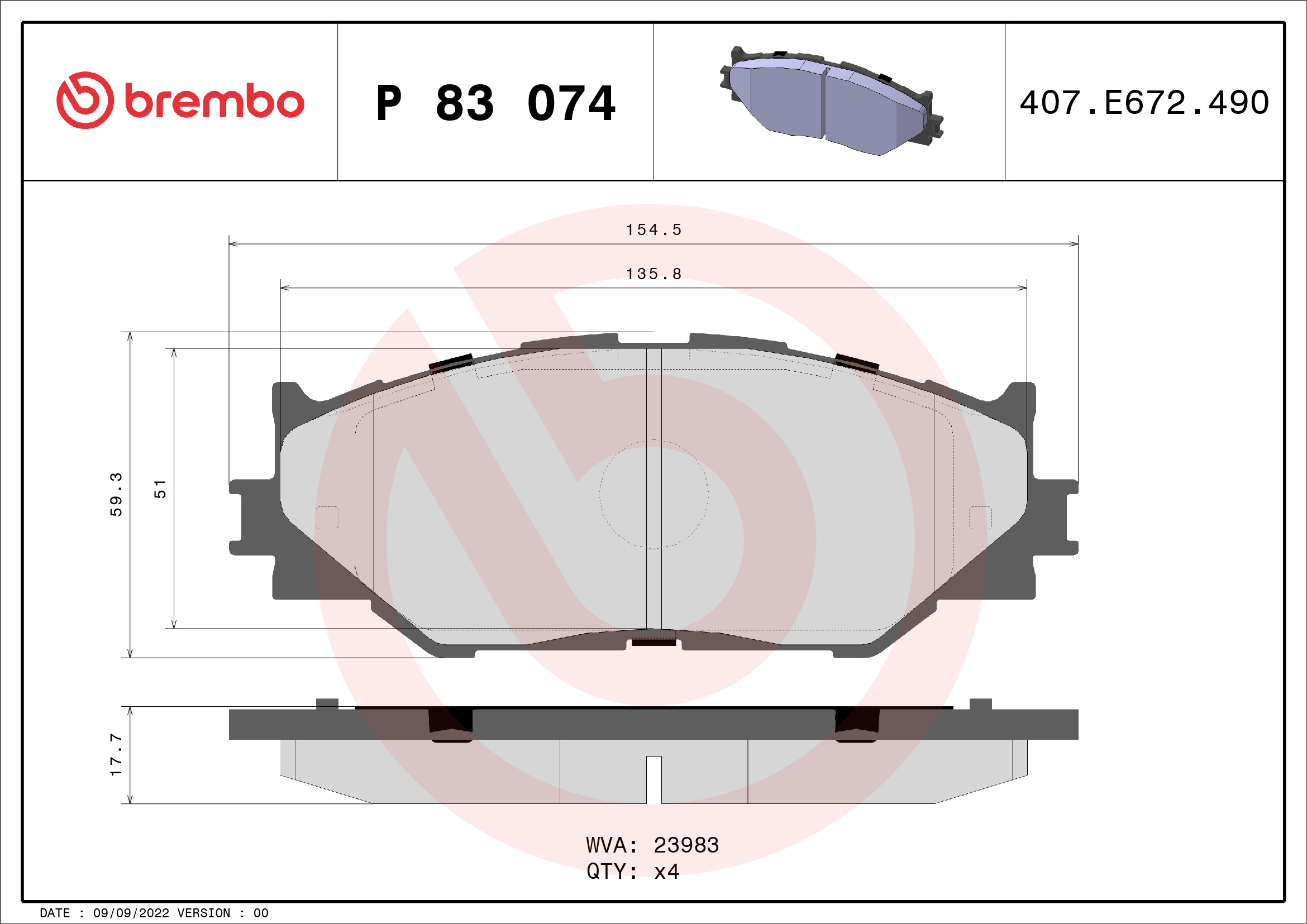 Set placute frana disc BREMBO LEXUS IS C II III 2.2D-3.5 08.05- Fata Inaltime 60mm Latime 155mm Grosime 18mm Senzor uzura Nu