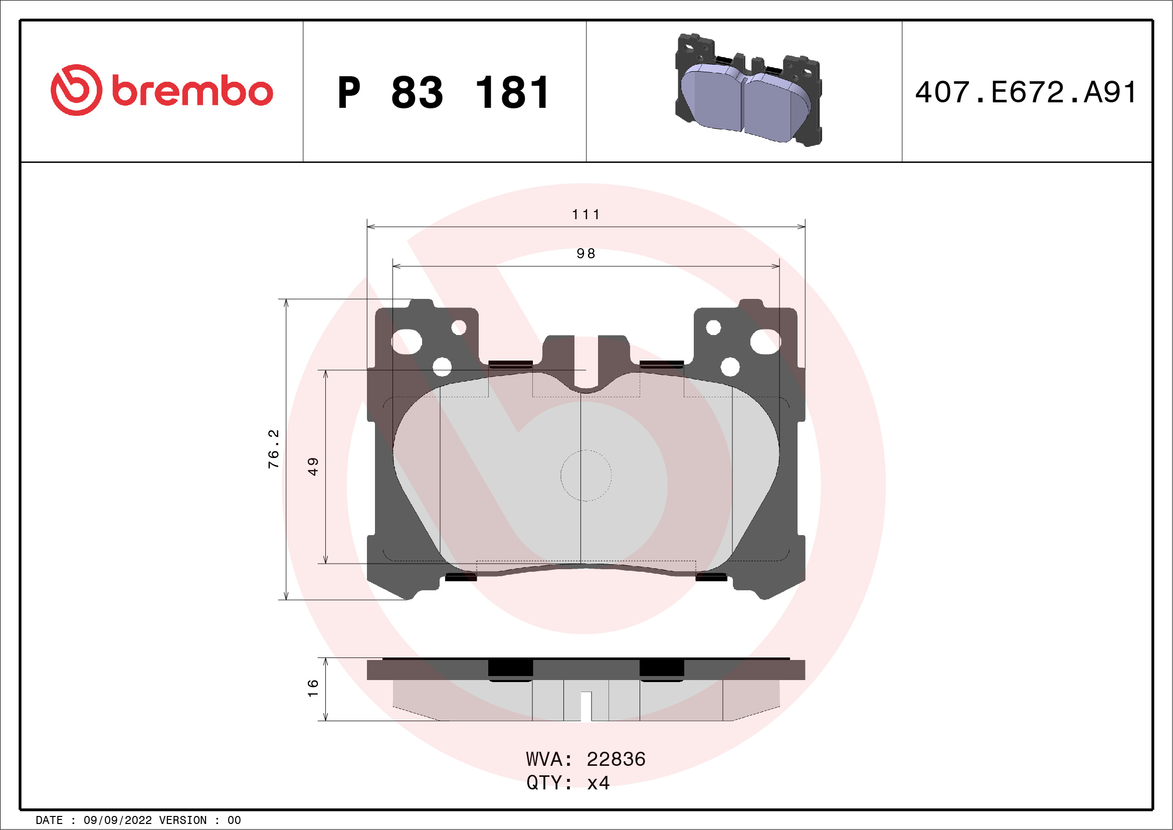 Set placute frana disc spate BREMBO LEXUS LC LS 3.5/5.0 11.16- inaltime 76 mm latime 111 mm grosime 16 mm senzor uzura Da