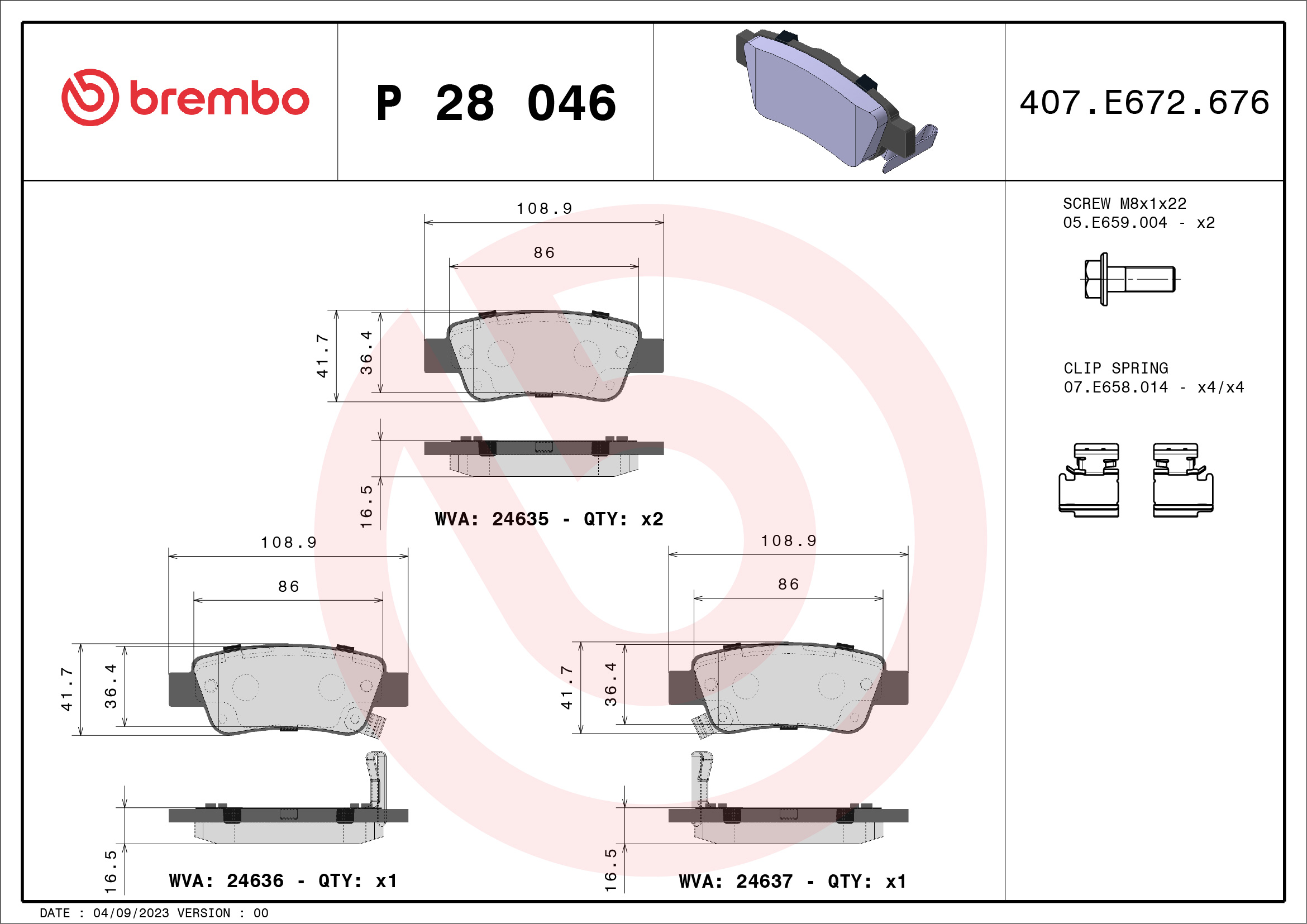 Set placute frana disc BREMBO Honda CR-V III IV 1.6D-2.4 06.06- spate 43mm inaltime 109mm latime 17mm grosime cu accesorii