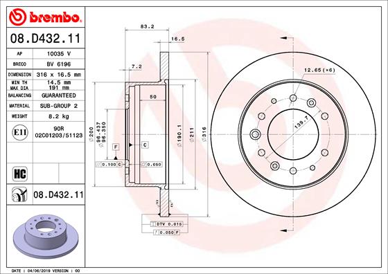 Disc frana Spate Dreapta/Stanga BREMBO HYUNDAI H350 2.5D Diametru 316mm Grosime 16.5mm 6 Gauri