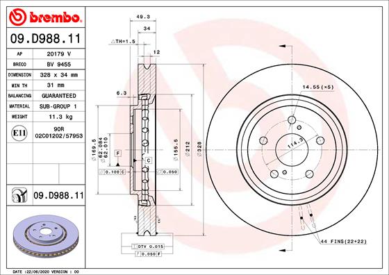 Disc frana Fata Dreapta/Stanga BREMBO LEXUS RX TOYOTA RAV 4 V 2.0/2.5/2.5H 10.15- Diametru 328 mm 5 gauri Ventilat Intern