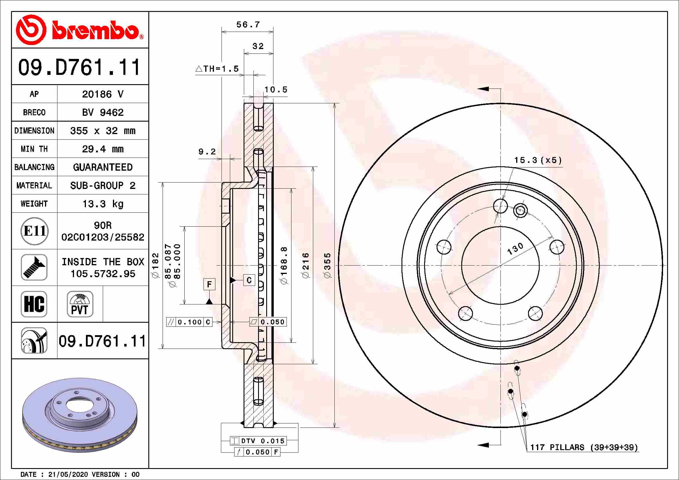 Disc frana BREMBO Mercedes-Benz Fata 355mm 5 Gauri Ventilat Intern 32mm Grosime 29.4mm Min Dreapta/Stanga 85mm Centrare