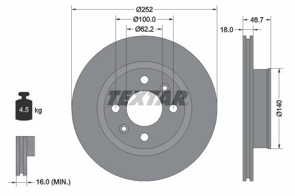 Disc frana ventilat intern TEXTAR Fata Dreapta/Stanga Hyundai i10 Kia Picanto Diametru 252mm Grosime 18mm 4 gauri